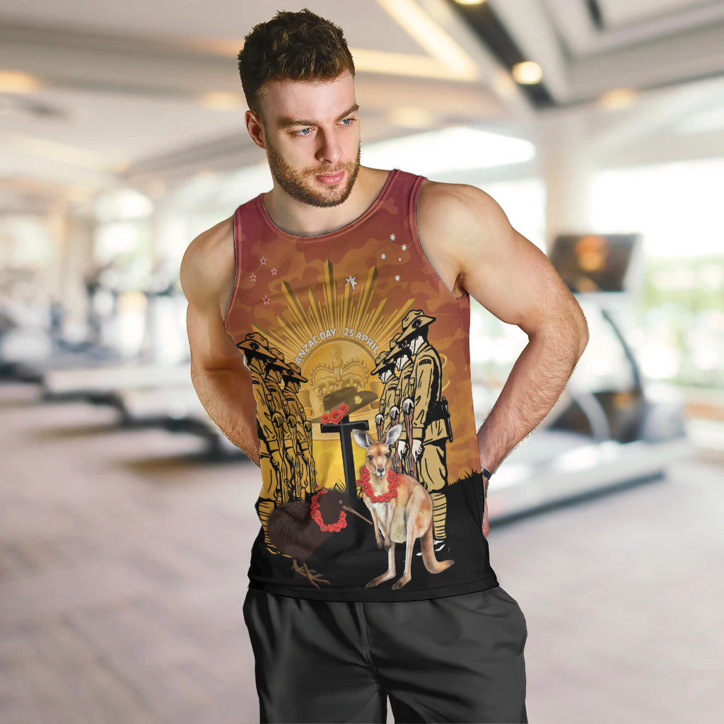 Australia And New Zealand ANZAC Men Tank Top Aussie Kangaroo With Aotearoa Kiwi Lest We Forget LT14 Yellow - Polynesian Pride
