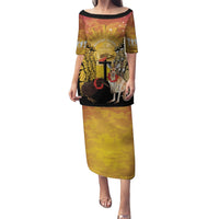 Australia And New Zealand ANZAC Puletasi Aussie Kangaroo With Aotearoa Kiwi Lest We Forget LT14 Long Dress Yellow - Polynesian Pride