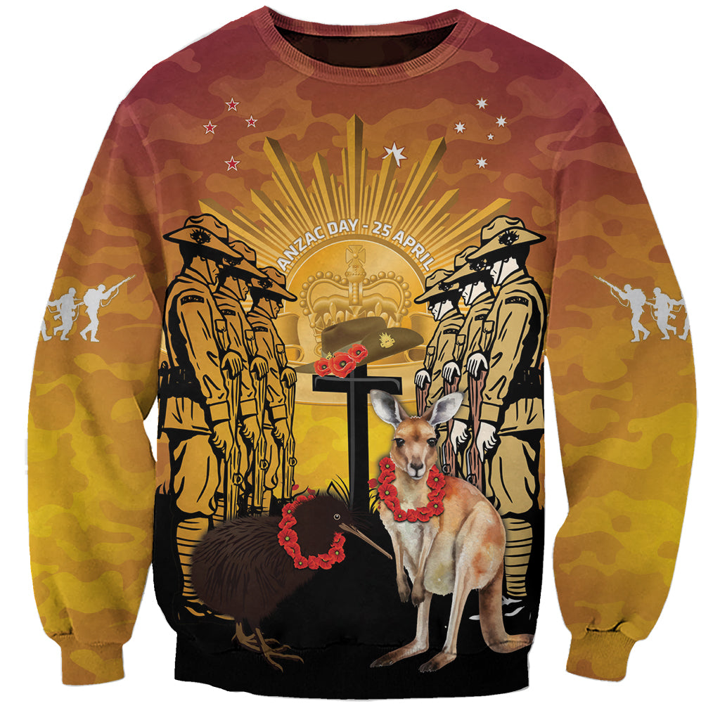 Australia And New Zealand ANZAC Sweatshirt Aussie Kangaroo With Aotearoa Kiwi Lest We Forget LT14 Unisex Yellow - Polynesian Pride