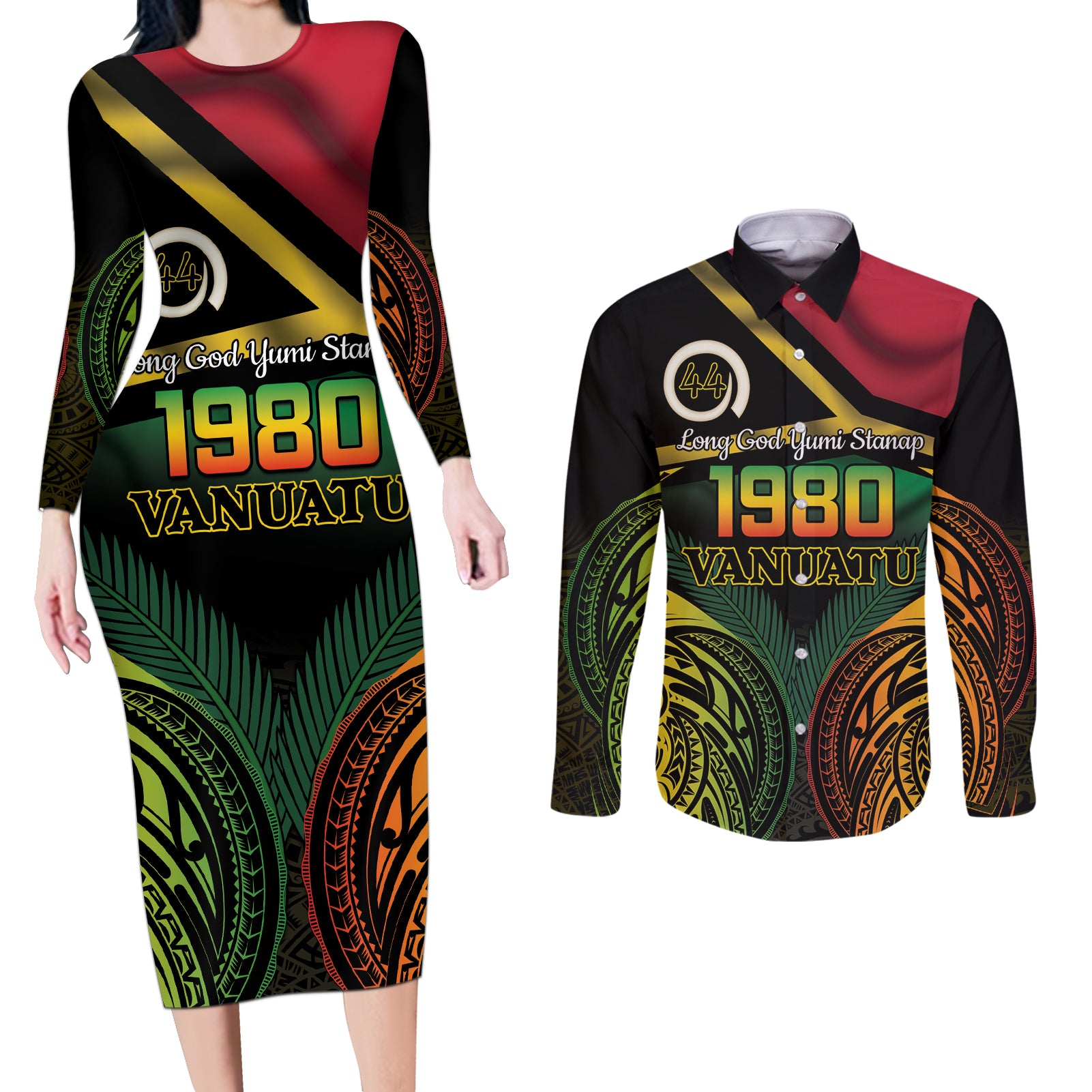 Vanuatu 1980 Couples Matching Long Sleeve Bodycon Dress and Long Sleeve Button Shirt Hapi 44 Yia Indipendens Anivesari