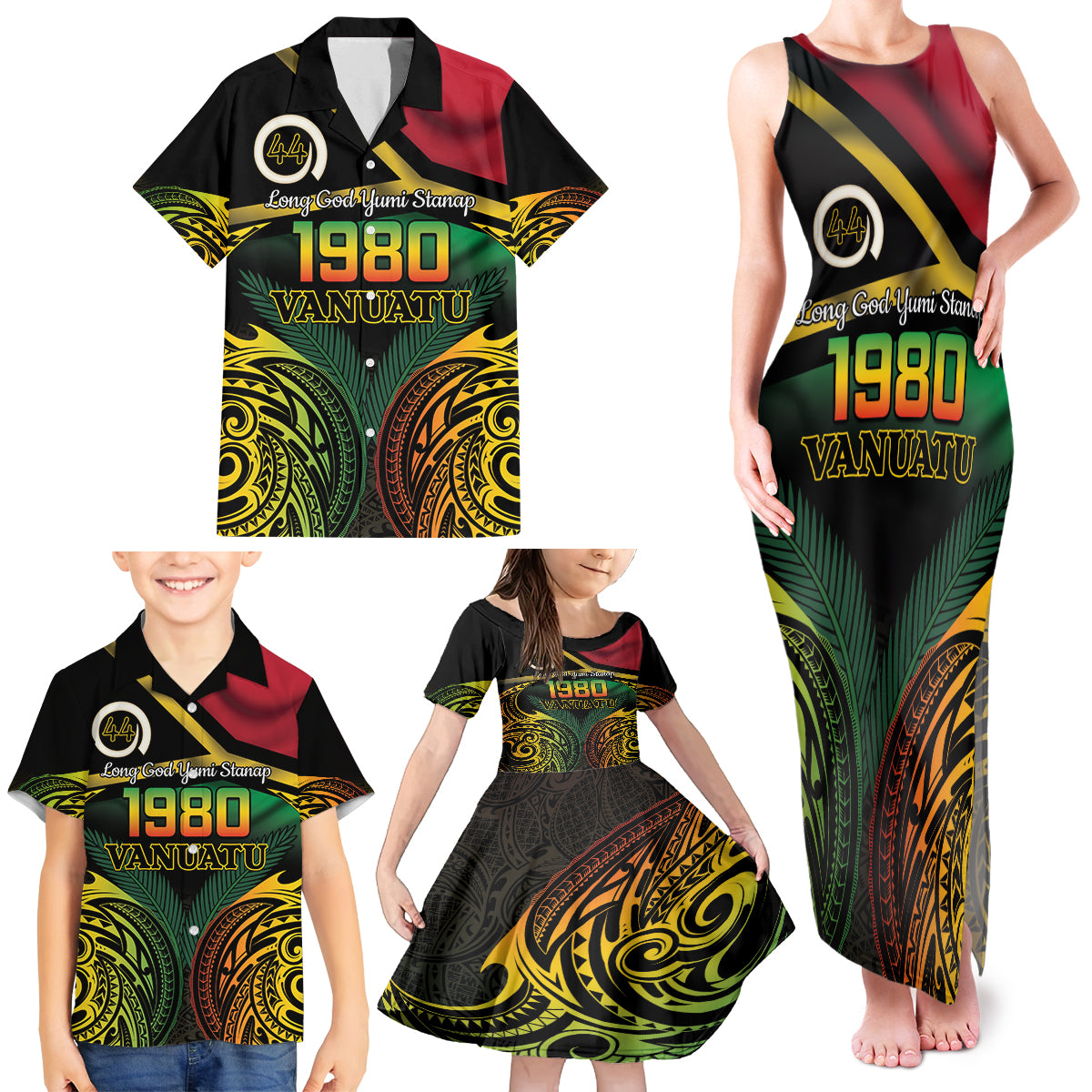 Vanuatu 1980 Family Matching Tank Maxi Dress and Hawaiian Shirt Hapi 44 Yia Indipendens Anivesari