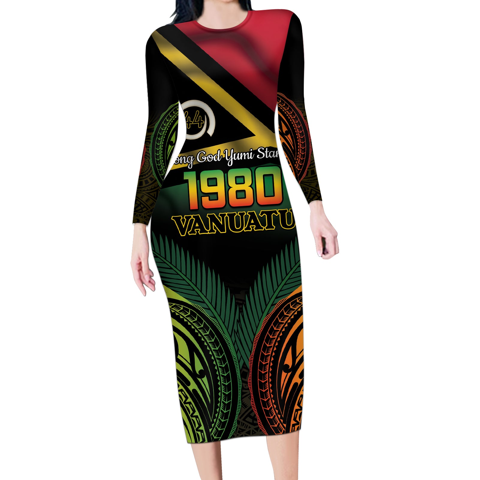 Vanuatu 1980 Long Sleeve Bodycon Dress Hapi 44 Yia Indipendens Anivesari