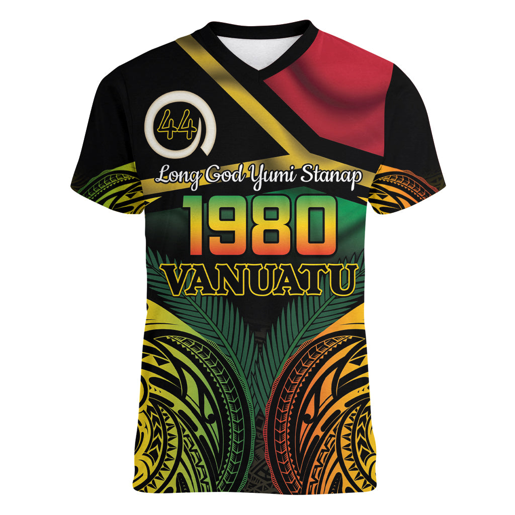 Vanuatu 1980 Women V-Neck T-Shirt Hapi 44 Yia Indipendens Anivesari