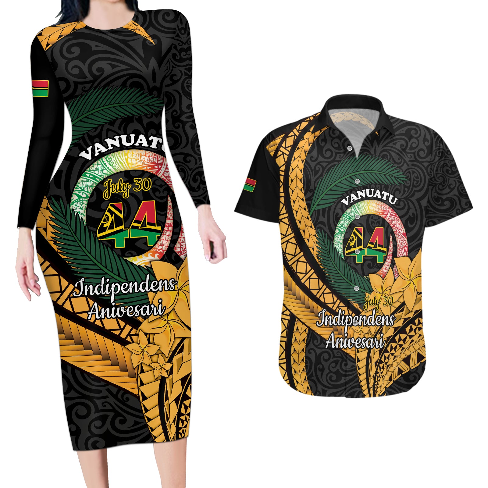 Personalised Vanuatu Independence Day Couples Matching Long Sleeve Bodycon Dress and Hawaiian Shirt July 30 Vanuatuan Pig Tusk