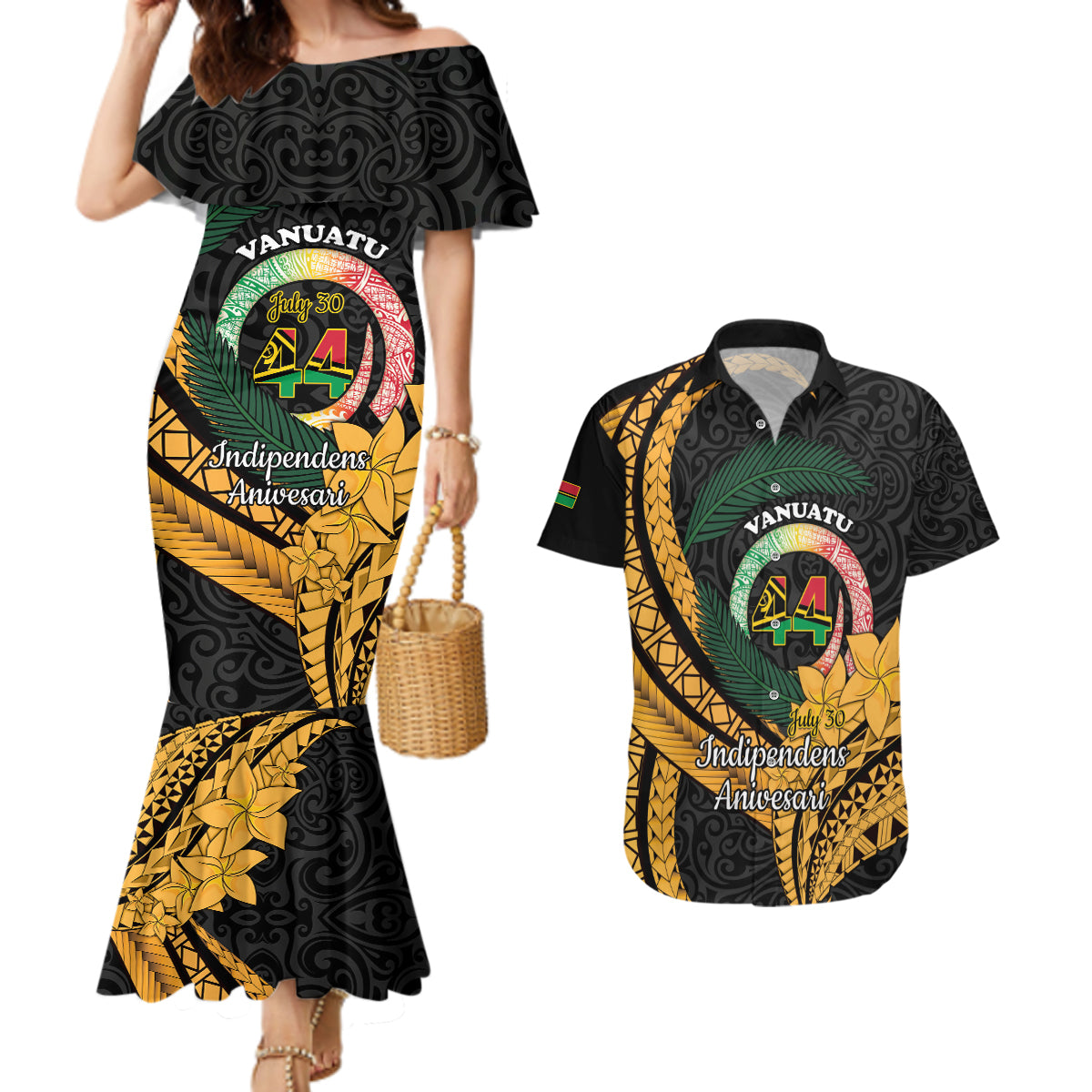 Personalised Vanuatu Independence Day Couples Matching Mermaid Dress and Hawaiian Shirt July 30 Vanuatuan Pig Tusk