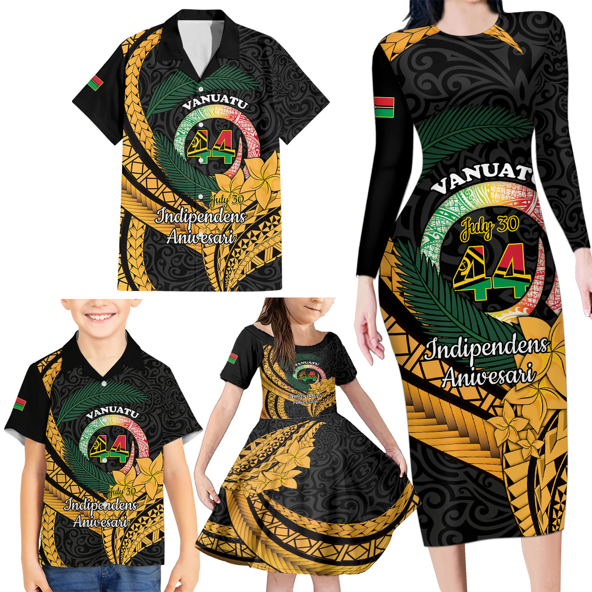 Personalised Vanuatu Independence Day Family Matching Long Sleeve Bodycon Dress and Hawaiian Shirt July 30 Vanuatuan Pig Tusk