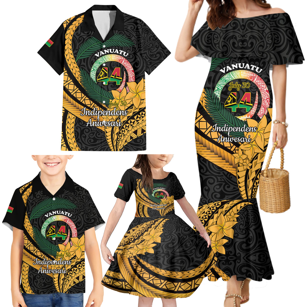 Personalised Vanuatu Independence Day Family Matching Mermaid Dress and Hawaiian Shirt July 30 Vanuatuan Pig Tusk