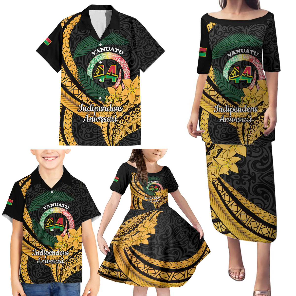 Personalised Vanuatu Independence Day Family Matching Puletasi and Hawaiian Shirt July 30 Vanuatuan Pig Tusk