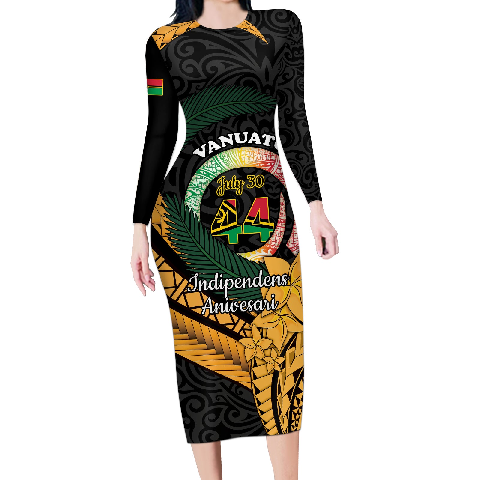 Personalised Vanuatu Independence Day Long Sleeve Bodycon Dress July 30 Vanuatuan Pig Tusk