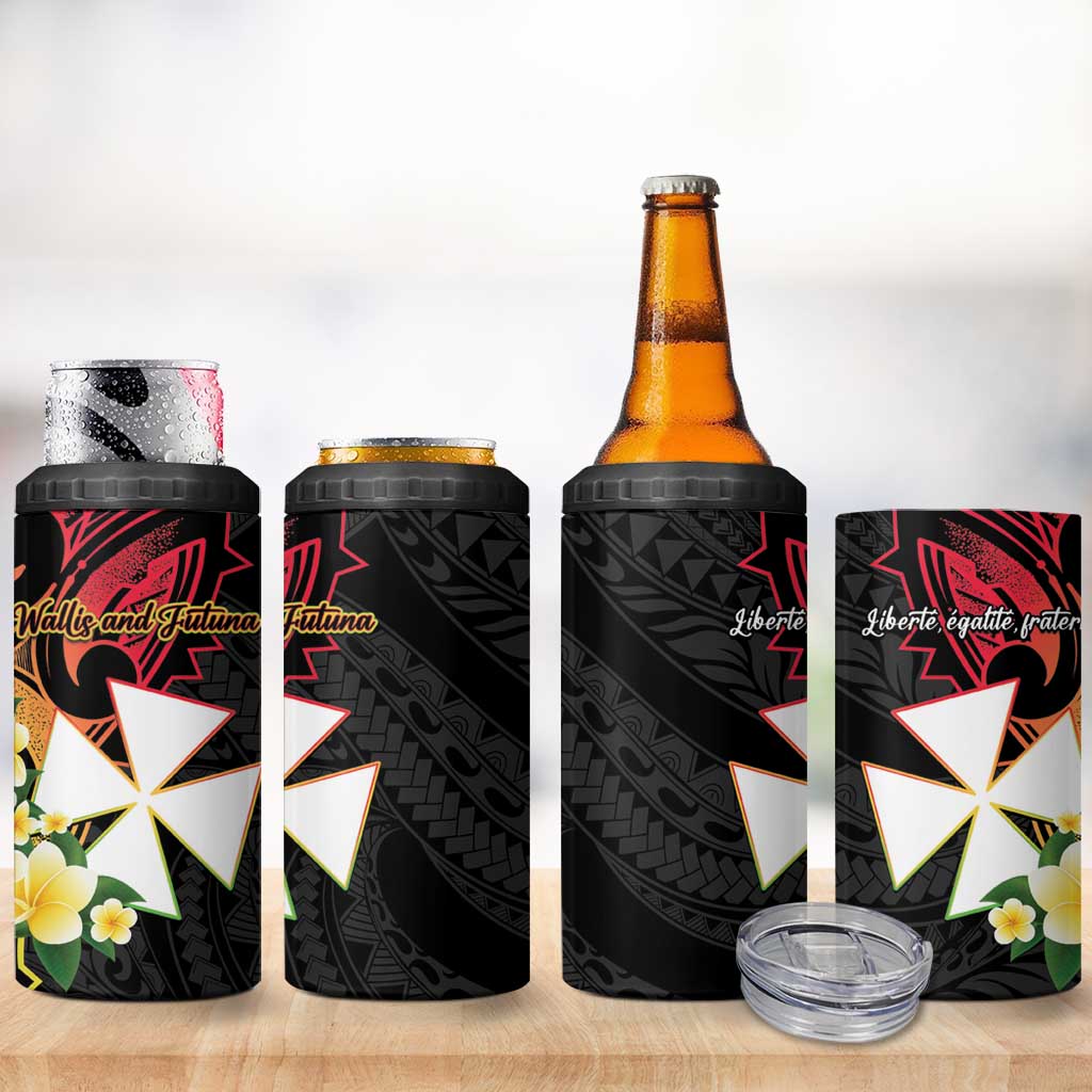 Wallis and Futuna Victory Day 4 in 1 Can Cooler Tumbler Liberty Equality Fraternity Polynesian Plumeria