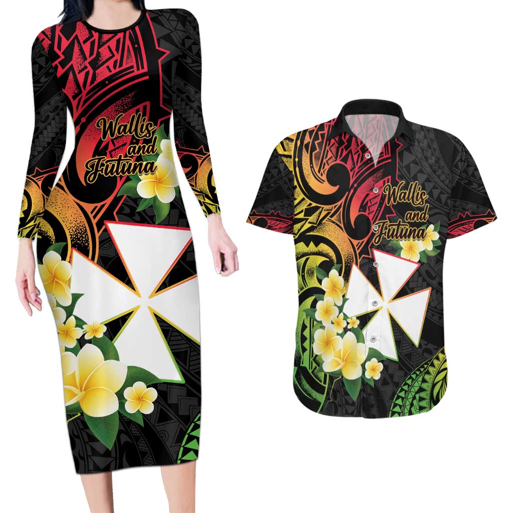 Wallis and Futuna Victory Day Couples Matching Long Sleeve Bodycon Dress and Hawaiian Shirt Liberty Equality Fraternity Polynesian Plumeria