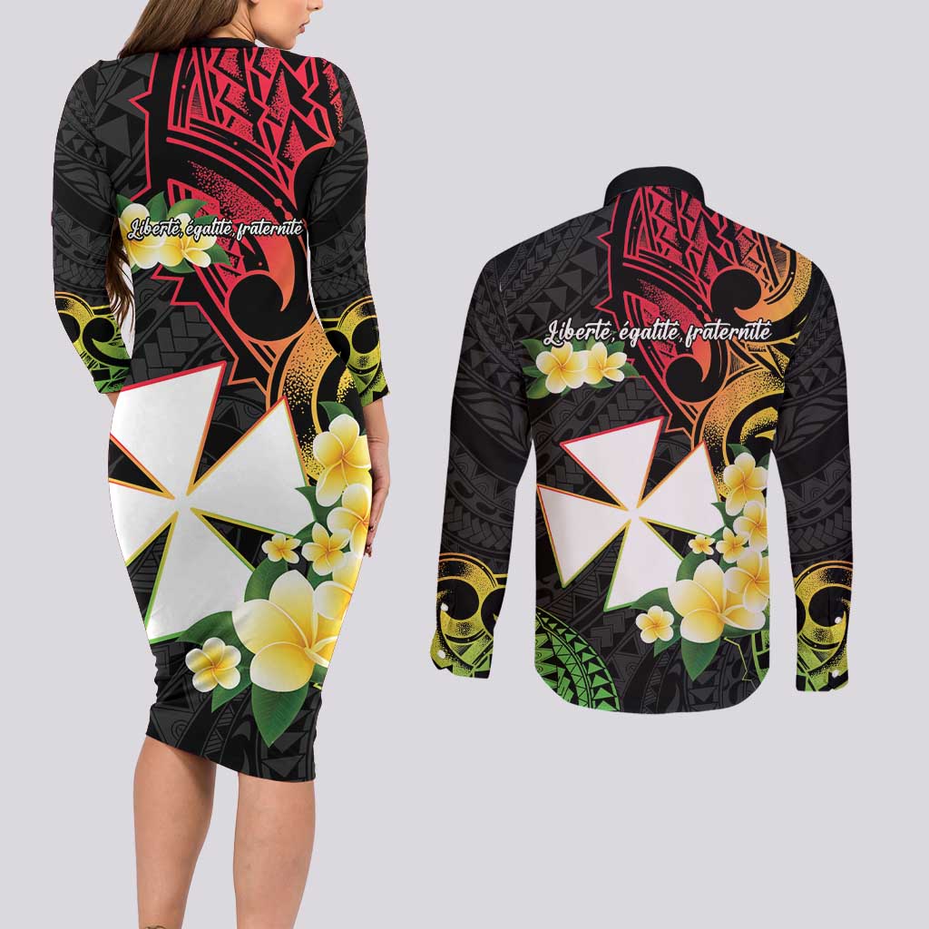 Wallis and Futuna Victory Day Couples Matching Long Sleeve Bodycon Dress and Long Sleeve Button Shirt Liberty Equality Fraternity Polynesian Plumeria