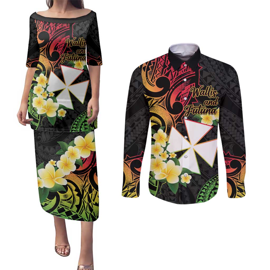 Wallis and Futuna Victory Day Couples Matching Puletasi and Long Sleeve Button Shirt Liberty Equality Fraternity Polynesian Plumeria