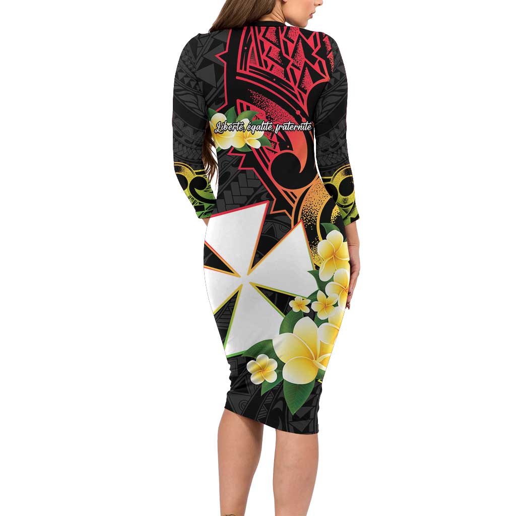 Wallis and Futuna Victory Day Long Sleeve Bodycon Dress Liberty Equality Fraternity Polynesian Plumeria