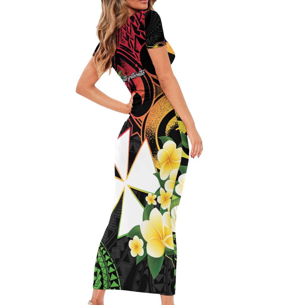 Wallis and Futuna Victory Day Short Sleeve Bodycon Dress Liberty Equality Fraternity Polynesian Plumeria