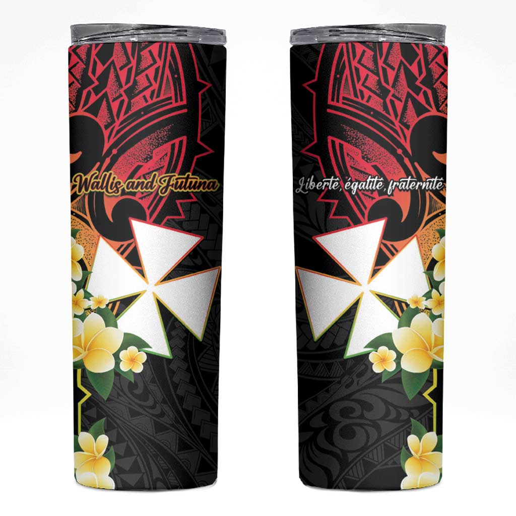 Wallis and Futuna Victory Day Skinny Tumbler Liberty Equality Fraternity Polynesian Plumeria
