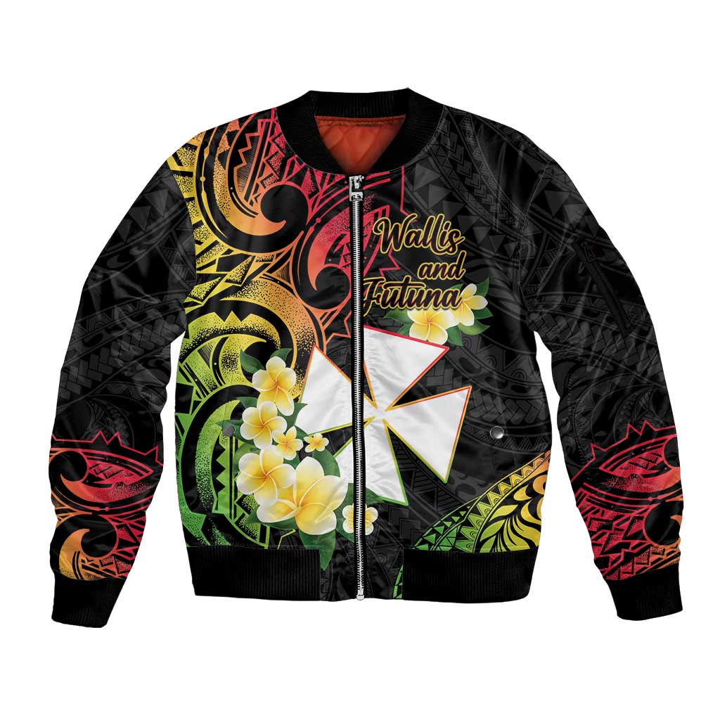 Wallis and Futuna Victory Day Sleeve Zip Bomber Jacket Liberty Equality Fraternity Polynesian Plumeria
