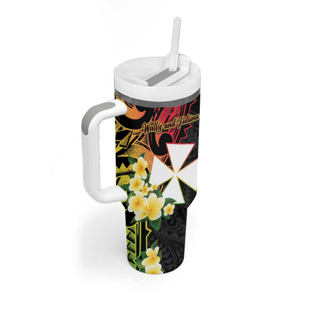 Wallis and Futuna Victory Day Tumbler With Handle Liberty Equality Fraternity Polynesian Plumeria