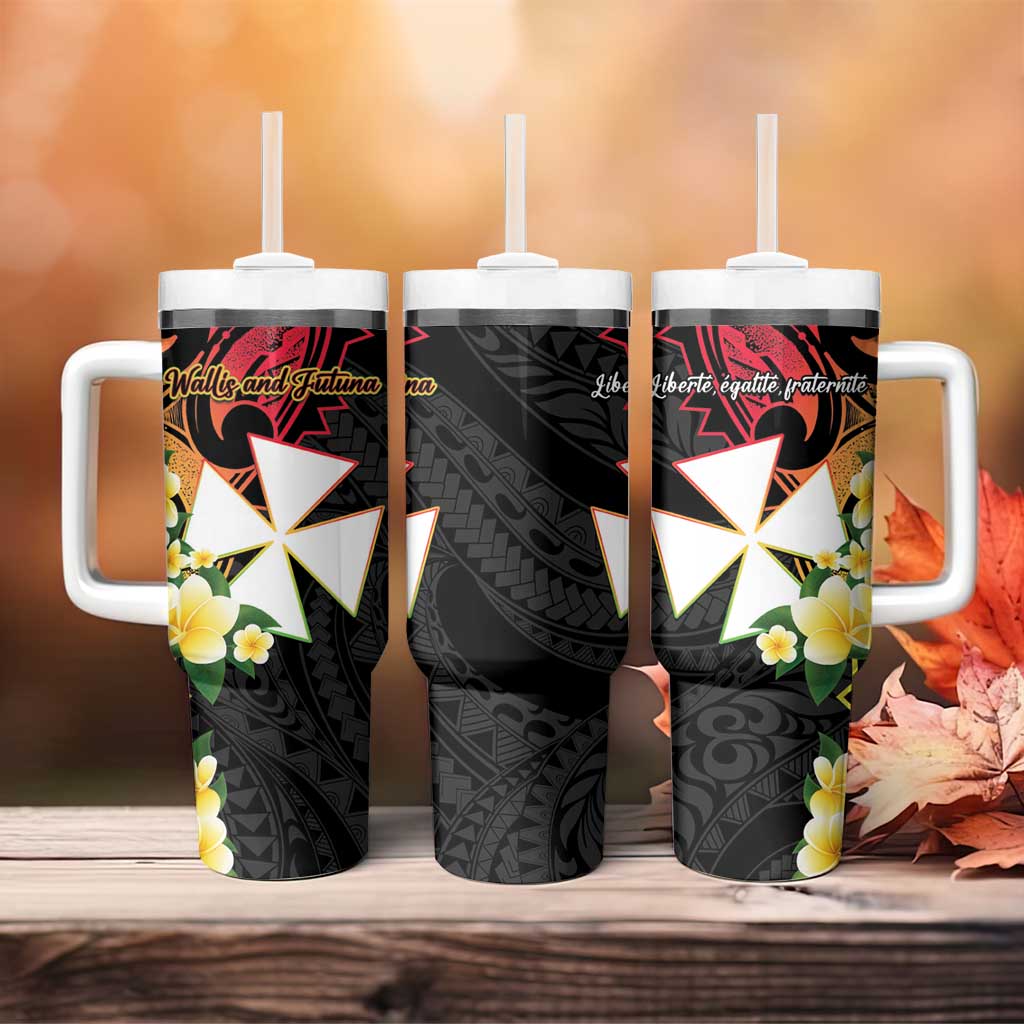 Wallis and Futuna Victory Day Tumbler With Handle Liberty Equality Fraternity Polynesian Plumeria