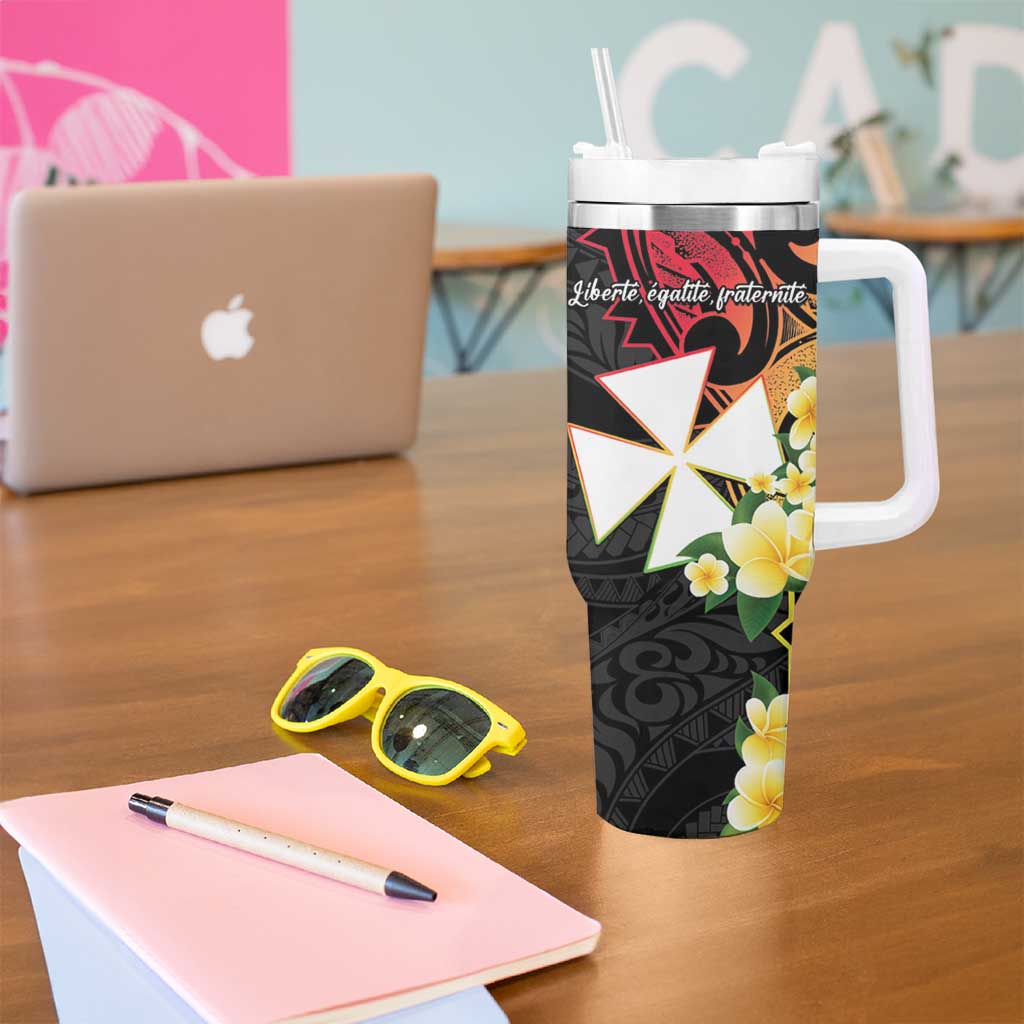 Wallis and Futuna Victory Day Tumbler With Handle Liberty Equality Fraternity Polynesian Plumeria