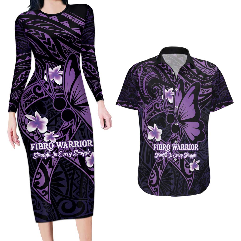 Personalised Fibromyalgia Awareness Month Couples Matching Long Sleeve Bodycon Dress and Hawaiian Shirt Fibro Warrior Strength In Every Struggle