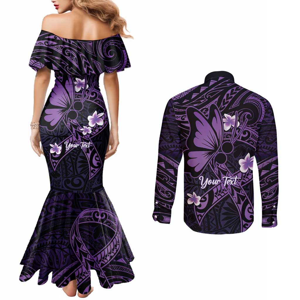 Personalised Fibromyalgia Awareness Month Couples Matching Mermaid Dress and Long Sleeve Button Shirt Fibro Warrior Strength In Every Struggle LT14 - Polynesian Pride