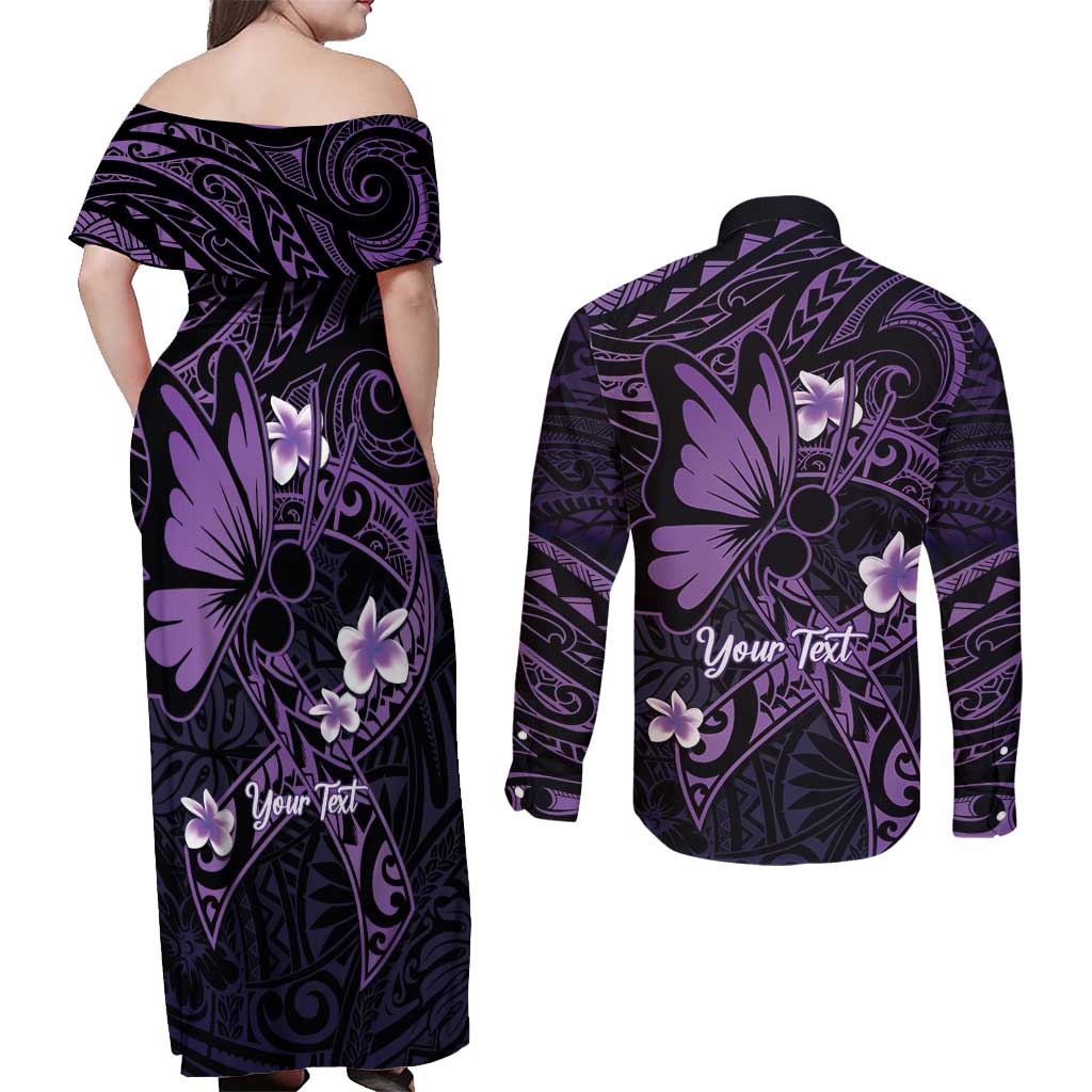 Personalised Fibromyalgia Awareness Month Couples Matching Off Shoulder Maxi Dress and Long Sleeve Button Shirt Fibro Warrior Strength In Every Struggle LT14 - Polynesian Pride