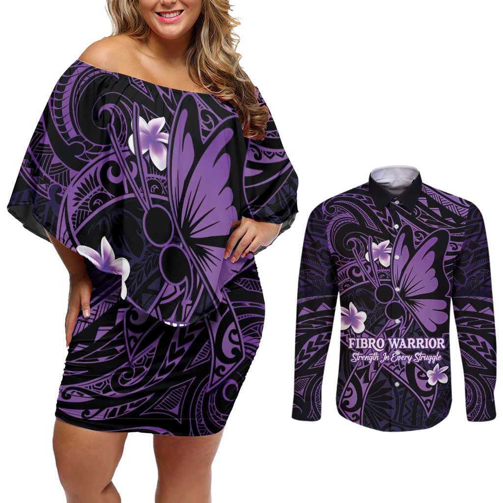 Personalised Fibromyalgia Awareness Month Couples Matching Off Shoulder Short Dress and Long Sleeve Button Shirt Fibro Warrior Strength In Every Struggle LT14 Purple - Polynesian Pride