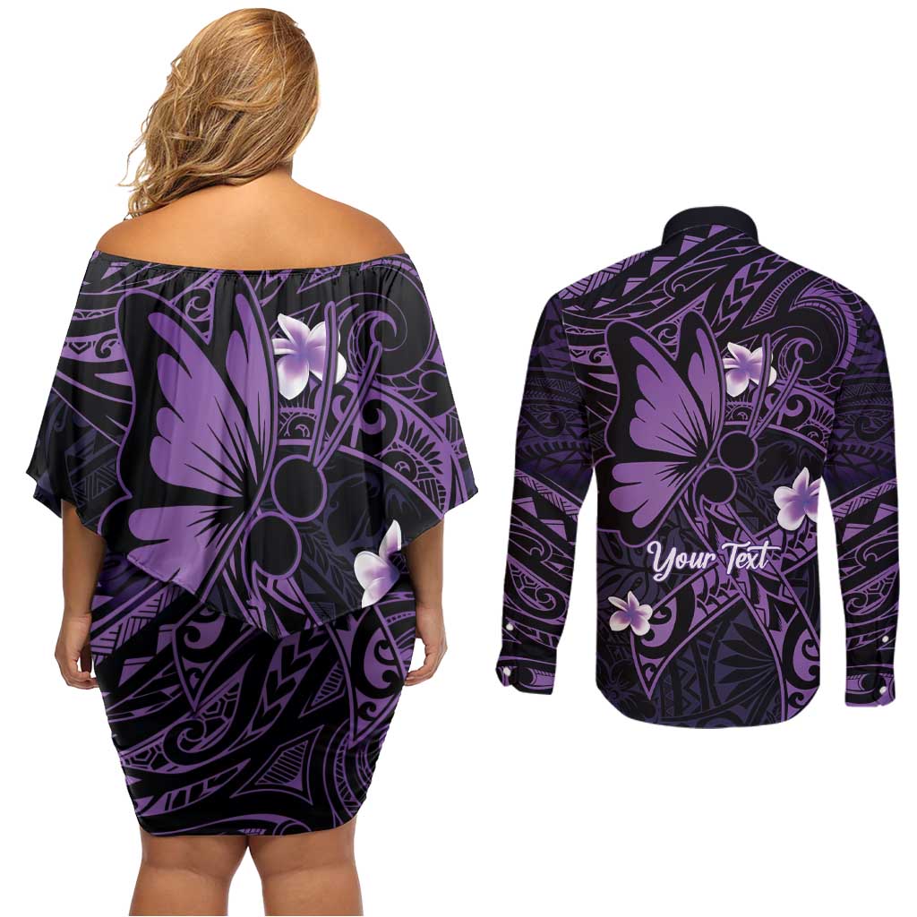 Personalised Fibromyalgia Awareness Month Couples Matching Off Shoulder Short Dress and Long Sleeve Button Shirt Fibro Warrior Strength In Every Struggle LT14 - Polynesian Pride