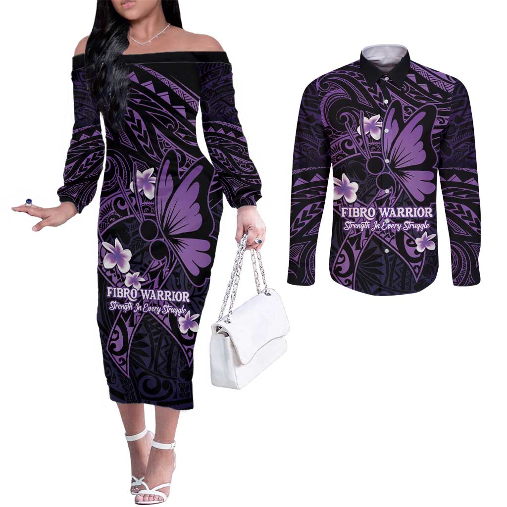 Personalised Fibromyalgia Awareness Month Couples Matching Off The Shoulder Long Sleeve Dress and Long Sleeve Button Shirt Fibro Warrior Strength In Every Struggle LT14 Purple - Polynesian Pride
