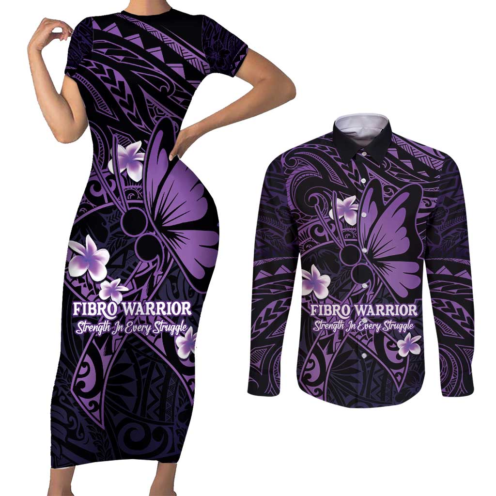 Personalised Fibromyalgia Awareness Month Couples Matching Short Sleeve Bodycon Dress and Long Sleeve Button Shirt Fibro Warrior Strength In Every Struggle LT14 Purple - Polynesian Pride