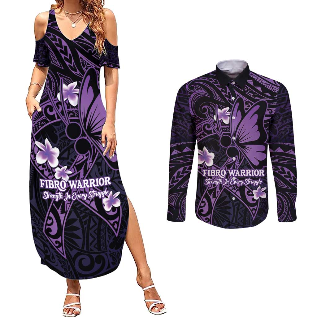 Personalised Fibromyalgia Awareness Month Couples Matching Summer Maxi Dress and Long Sleeve Button Shirt Fibro Warrior Strength In Every Struggle LT14 Purple - Polynesian Pride