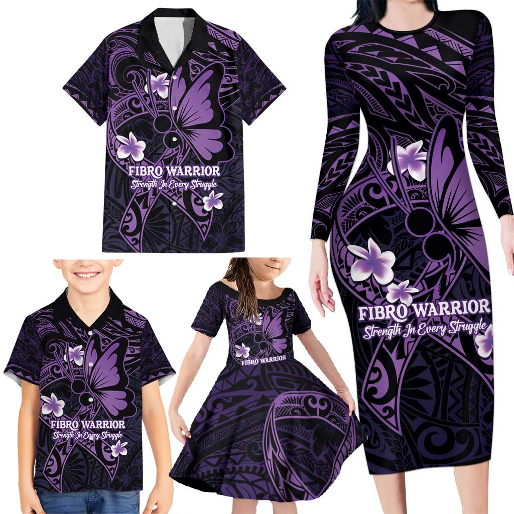 Personalised Fibromyalgia Awareness Month Family Matching Long Sleeve Bodycon Dress and Hawaiian Shirt Fibro Warrior Strength In Every Struggle