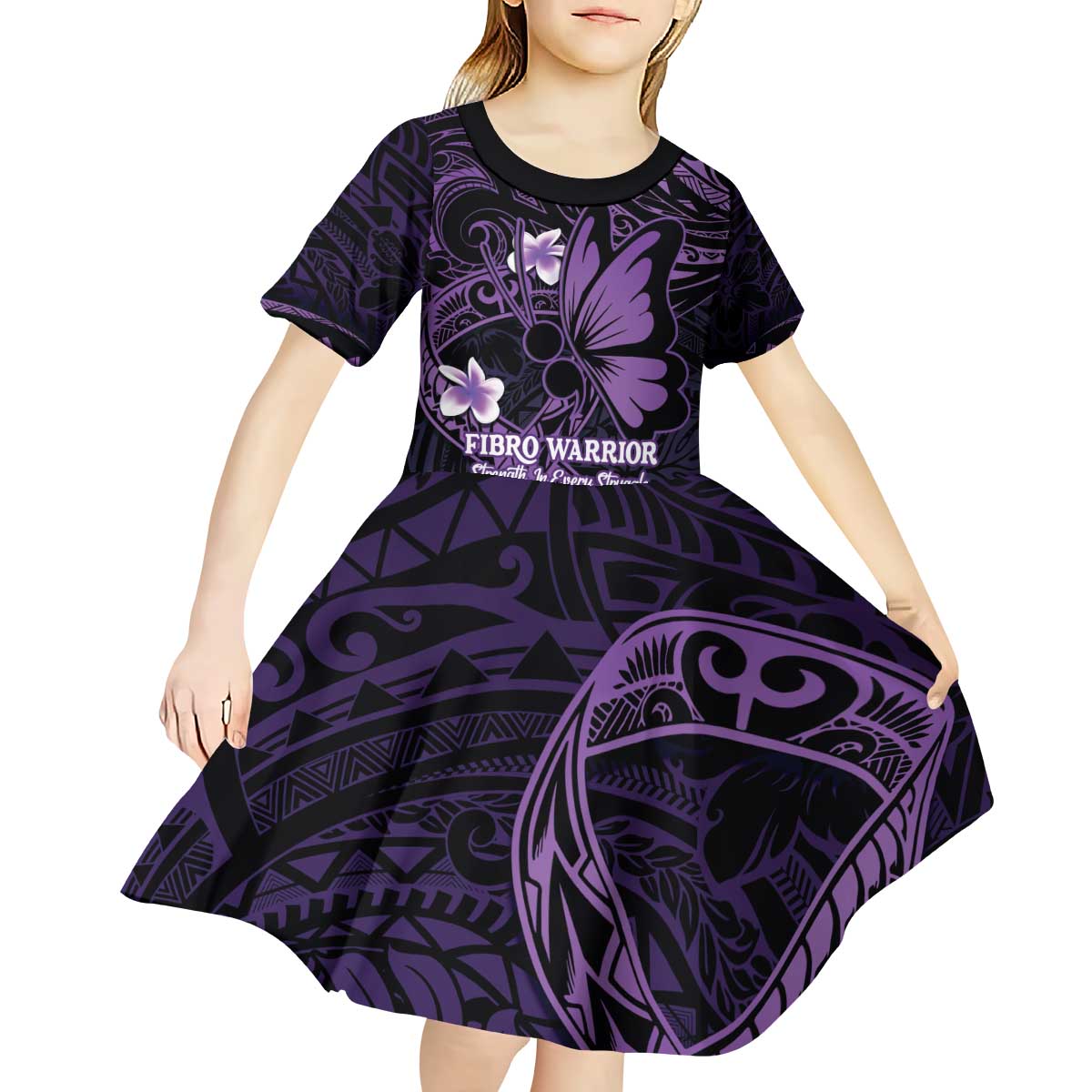 Personalised Fibromyalgia Awareness Month Kid Short Sleeve Dress Fibro Warrior Strength In Every Struggle LT14 - Polynesian Pride
