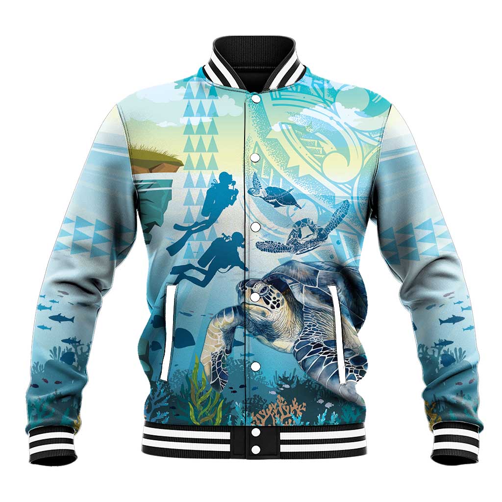 Personalized Snorkeling Hawaii Baseball Jacket Ocean Lover Hawaiian Kakau Honu Turtle LT14 Unisex Cyan - Polynesian Pride