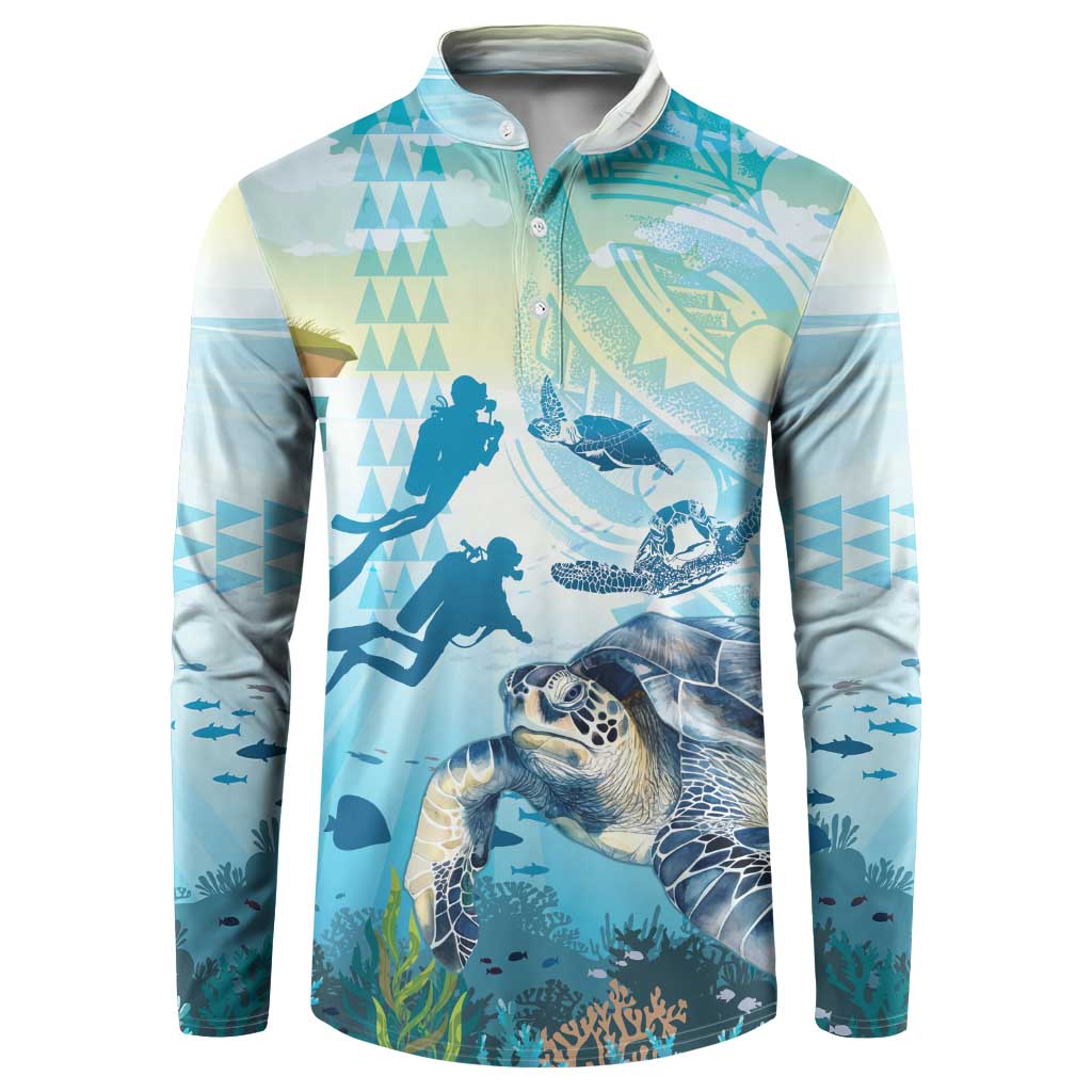 Personalized Snorkeling Hawaii Button Sweatshirt Ocean Lover Hawaiian Kakau Honu Turtle LT14 Cyan - Polynesian Pride