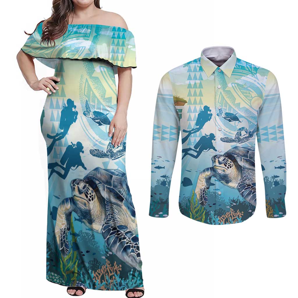 Personalized Snorkeling Hawaii Couples Matching Off Shoulder Maxi Dress and Long Sleeve Button Shirt Ocean Lover Hawaiian Kakau Honu Turtle LT14 Cyan - Polynesian Pride