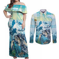 Personalized Snorkeling Hawaii Couples Matching Off Shoulder Maxi Dress and Long Sleeve Button Shirt Ocean Lover Hawaiian Kakau Honu Turtle LT14 Cyan - Polynesian Pride