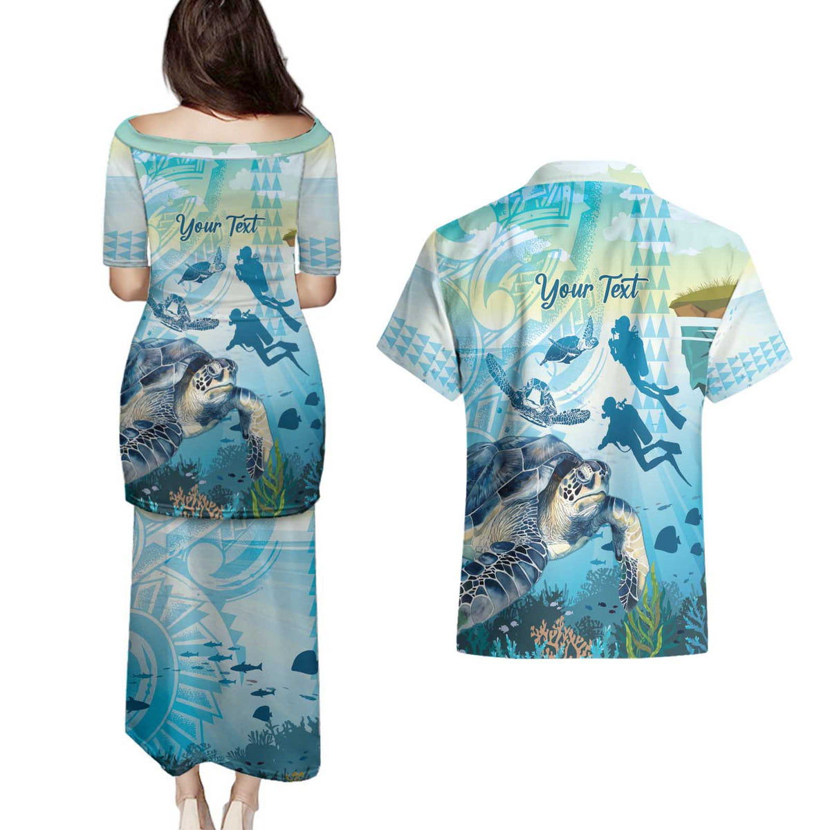 Personalized Snorkeling Hawaii Couples Matching Puletasi and Hawaiian Shirt Ocean Lover Hawaiian Kakau Honu Turtle LT14 - Polynesian Pride
