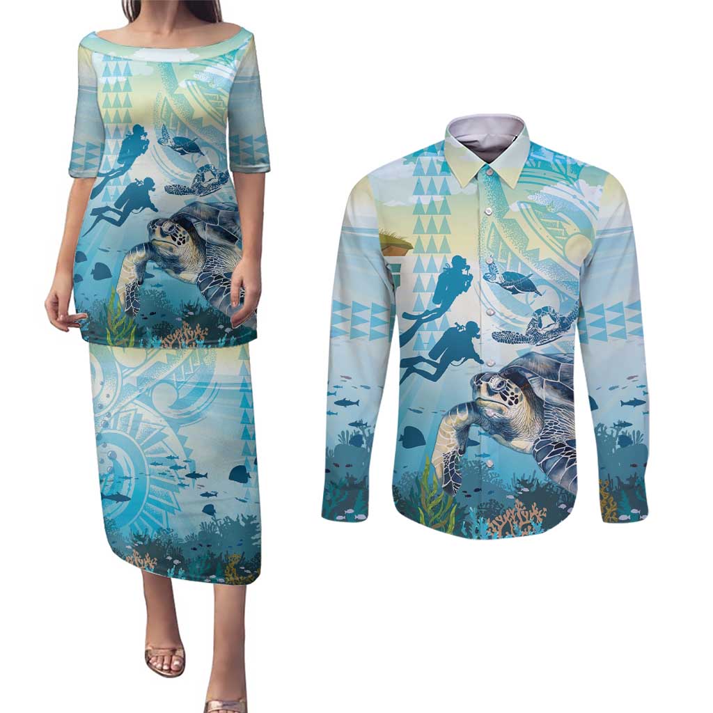 Personalized Snorkeling Hawaii Couples Matching Puletasi and Long Sleeve Button Shirt Ocean Lover Hawaiian Kakau Honu Turtle LT14 Cyan - Polynesian Pride