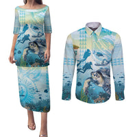 Personalized Snorkeling Hawaii Couples Matching Puletasi and Long Sleeve Button Shirt Ocean Lover Hawaiian Kakau Honu Turtle LT14 Cyan - Polynesian Pride