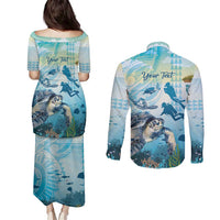 Personalized Snorkeling Hawaii Couples Matching Puletasi and Long Sleeve Button Shirt Ocean Lover Hawaiian Kakau Honu Turtle LT14 - Polynesian Pride