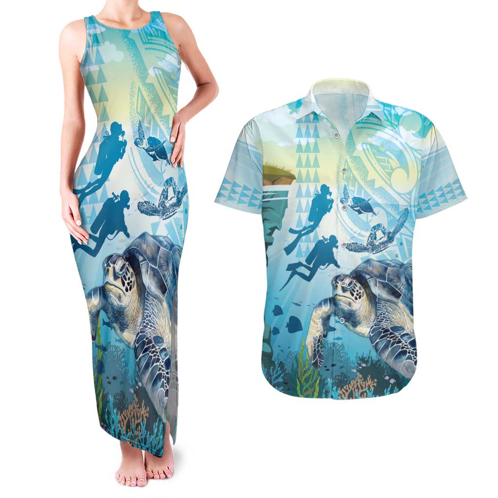 Personalized Snorkeling Hawaii Couples Matching Tank Maxi Dress and Hawaiian Shirt Ocean Lover Hawaiian Kakau Honu Turtle LT14 Cyan - Polynesian Pride
