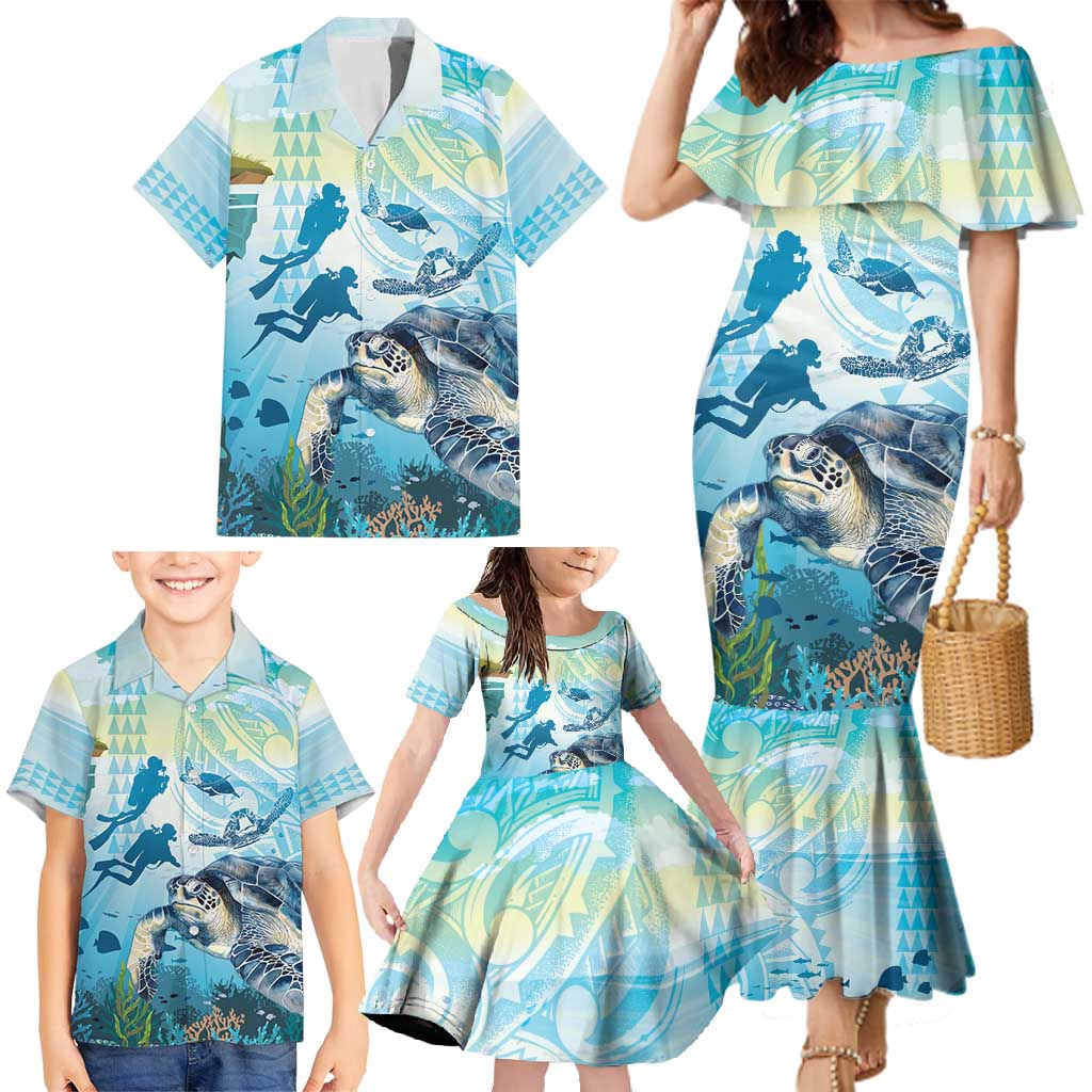 Personalized Snorkeling Hawaii Family Matching Mermaid Dress and Hawaiian Shirt Ocean Lover Hawaiian Kakau Honu Turtle