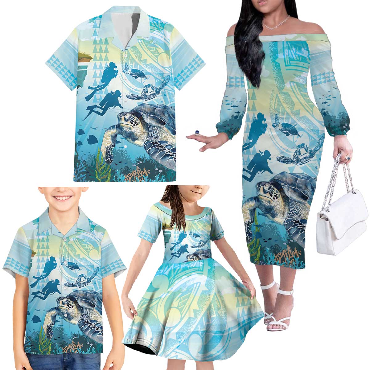 Personalized Snorkeling Hawaii Family Matching Off The Shoulder Long Sleeve Dress and Hawaiian Shirt Ocean Lover Hawaiian Kakau Honu Turtle