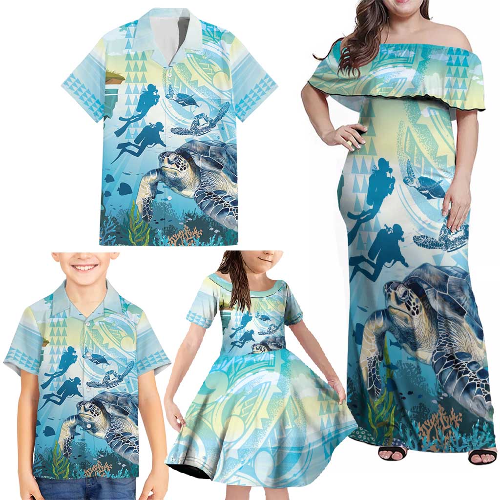 Personalized Snorkeling Hawaii Family Matching Off Shoulder Maxi Dress and Hawaiian Shirt Ocean Lover Hawaiian Kakau Honu Turtle