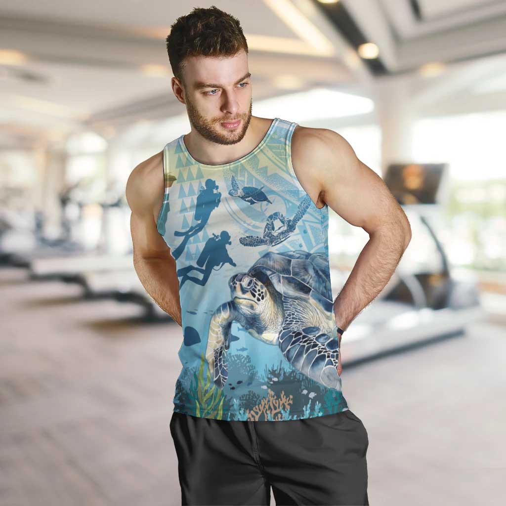 Personalized Snorkeling Hawaii Men Tank Top Ocean Lover Hawaiian Kakau Honu Turtle LT14 Cyan - Polynesian Pride