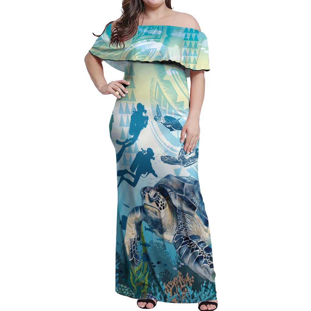 Personalized Snorkeling Hawaii Off Shoulder Maxi Dress Ocean Lover Hawaiian Kakau Honu Turtle