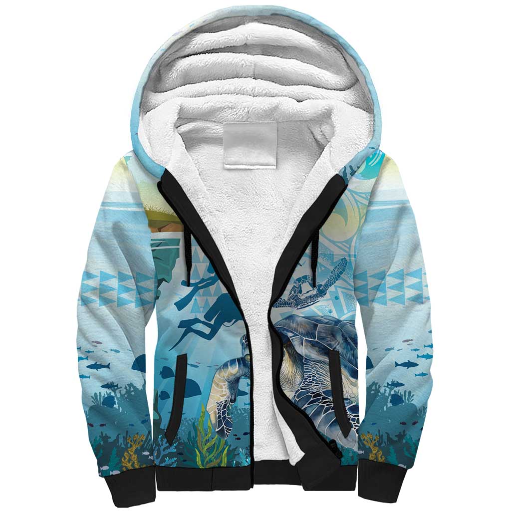 Personalized Snorkeling Hawaii Sherpa Hoodie Ocean Lover Hawaiian Kakau Honu Turtle LT14 Unisex Cyan - Polynesian Pride