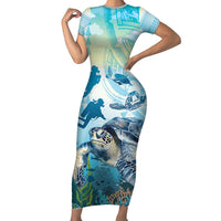 Personalized Snorkeling Hawaii Short Sleeve Bodycon Dress Ocean Lover Hawaiian Kakau Honu Turtle